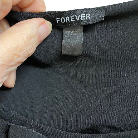 Black Cap Sleeve Dress with Bow Neckline Embellishments by Forever - Picture 5 of 8